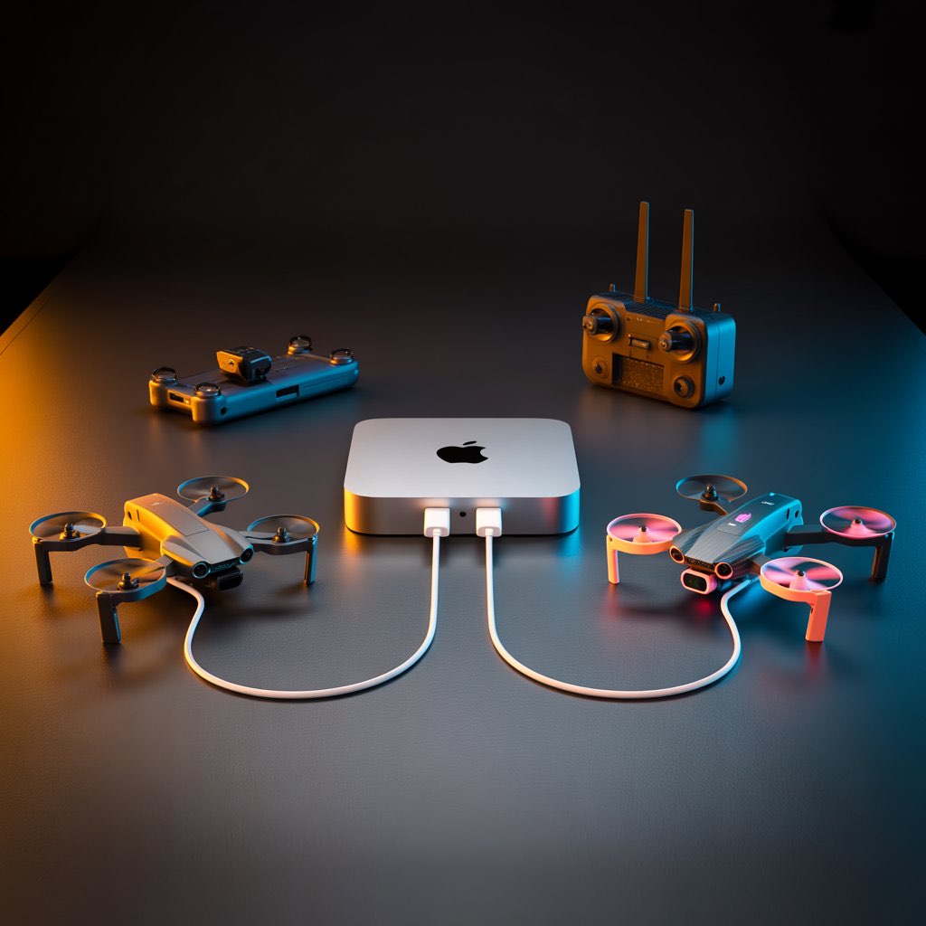 Two FPV drones connected to a Mac mini