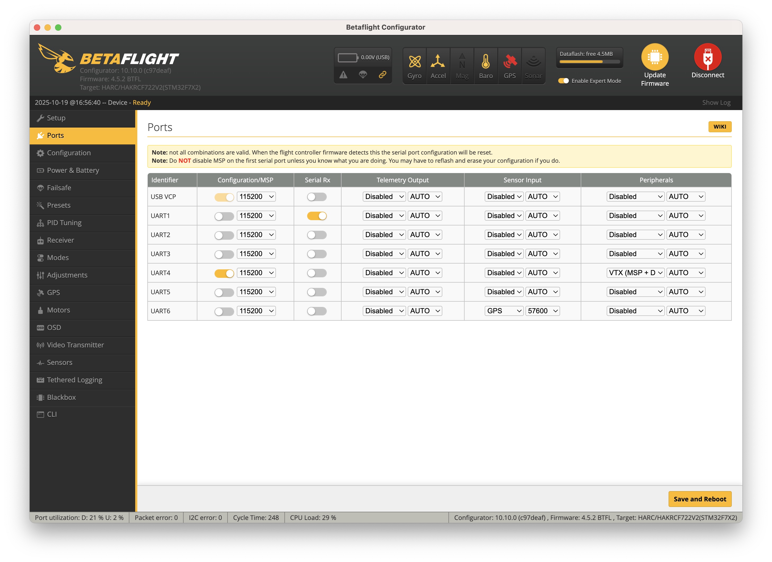 Ports tab — UART4 with VTX_MSP enabled (Oct 19)